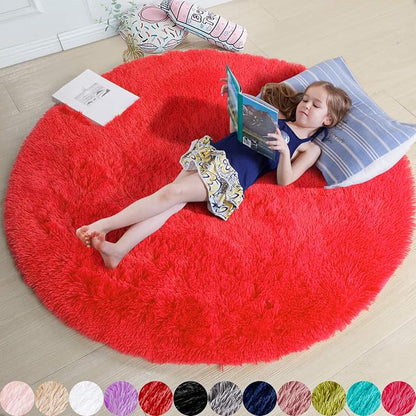 Amdrebio Red Furry Round Circle Area Rug 4Ft by Amdrebio