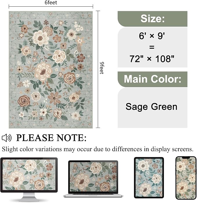 DUKINO 6x9 Area Rugs, Floral Washable Rug - Image 2