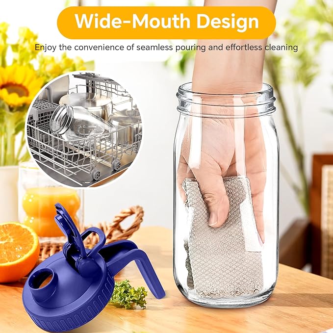 Mason Jar Pitcher, 64 OZ Glass Pitcher with Lid Double Leak-proof with Handle Water Jug Wide Mouth Breast Milk Pitcher Fridge Container for Water, Juice, Iced Coffee, Tea, Juice - Blue