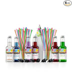 Hawaiian Shaved Ice Syrup Assortment with 6 - 16oz Bottles, 50 Snow Cone Cups, Spoon Straws, and Pouring Spouts. Flavors: Tiger’s Blood, Pina Colada, Blue Raspberry, Grape, Cherry, Lemon-Lime
