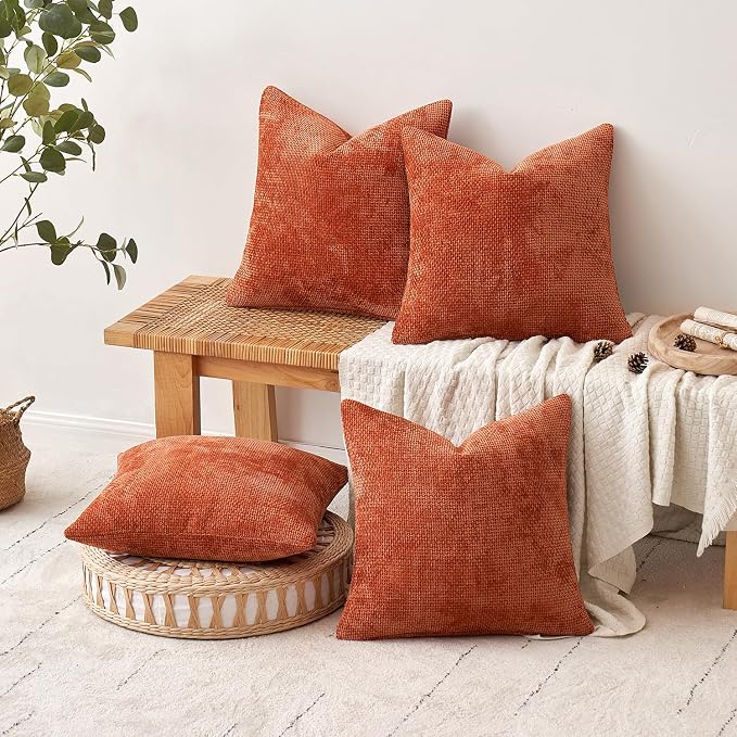 MIULEE Decorative Chenille Fall Pillow Covers Burnt Orange 18x18 Pack of 4 | - Image 5