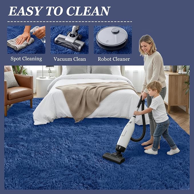 Area Rug Living Room Bedroom: 4x6 Fluffy Plush Shag Carpet Blue | - Image 8