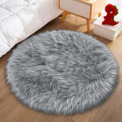 Faux Fur Grey Round Rugs 3ft for Bedroom, Small Fluffy Fuzzy Circle Rug Furry - Image 7