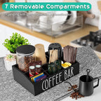 ALELION Coffee Station Organizer for Countertop - 7 Compartments Coffee Bar Accessories and Organizer with Removable Dividers - Black Coffee and Tea Condiment Organizer