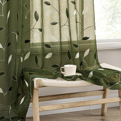 MIULEE Olive Green Sheer Curtains 2 Panels Leaf Patterned, W52 x L96 | by MIULEE