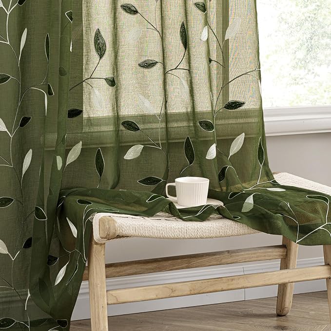 MIULEE Olive Green Sheer Curtains 2 Panels Leaf Patterned, W52 x L63 | by MIULEE