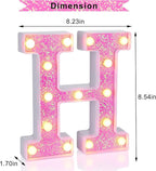 Foaky Pink Light up Letters，Pink Party Decorations,Girls Room Decor,Glitter Light Up Letters,Alphabet Letter Sign for Night Light Birthday Party Girls Gifts, Home Bar Decoration（H）