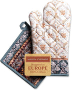 Maison d' Hermine 100% Cotton Oven Mitt & Pot Holder Set (7.5"x13" & 8"x8") Heat Resistant BBQ Cooking Gloves with Loop, Baking, Grilling, Kitchen, Handling Hot Pans (Fair Isle)