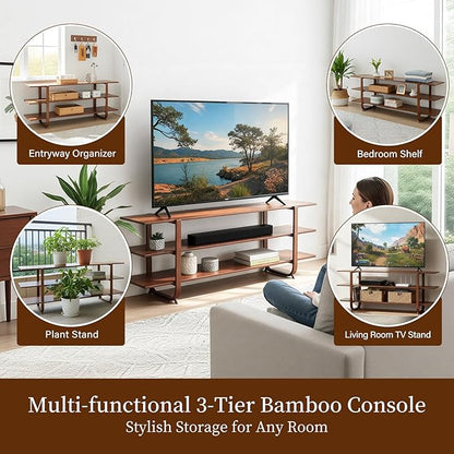 Welnow Bamboo TV Stand for Up to 65 Inch, Mid Century Modern Entertainment - Image 4
