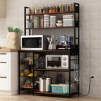 Bakers Rack with Baskets and Power Outlet, 5-Tier Kitchen Utility Storage Shelf with Hooks, Microwave Oven Stand Rack, Vintage Brown Free Standing Kitchen Shelf