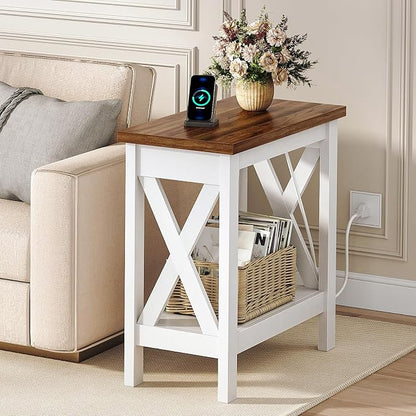 HOOBRO End Table with Charging Station, Farmhouse Narrow Side Table, 2-Tier - Image 8