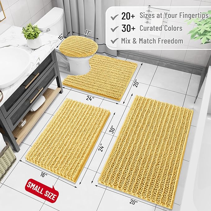 Arotive Luxury Chenille Bathroom Rug Mat, Extra Soft Thick Absorbent Shaggy Bath Rugs, Non-Slip Machine Wash Dry, Plush Bath Mats for Bathroom, Shower and Tub, 34x21, Yellow