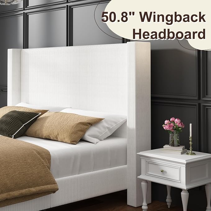 HOWE Queen Size Bed Frame with 50.8" Tall Wingback Headboard, Modern Corduroy - Image 5