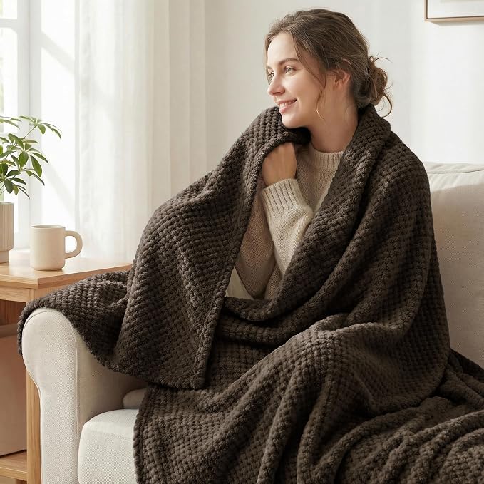 Exclusivo Mezcla Soft Waffle Fleece Bed Blanket Twin XL Size, Coffee | - Image 2