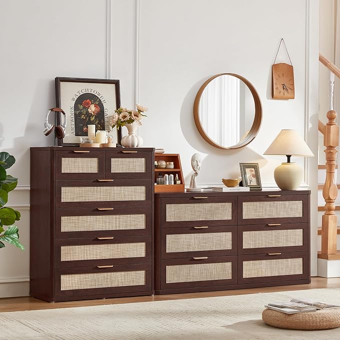 LEYAOYAO Dresser for Bedroom, Modern 6 Drawers Boho Rattan Dressers - Image 7