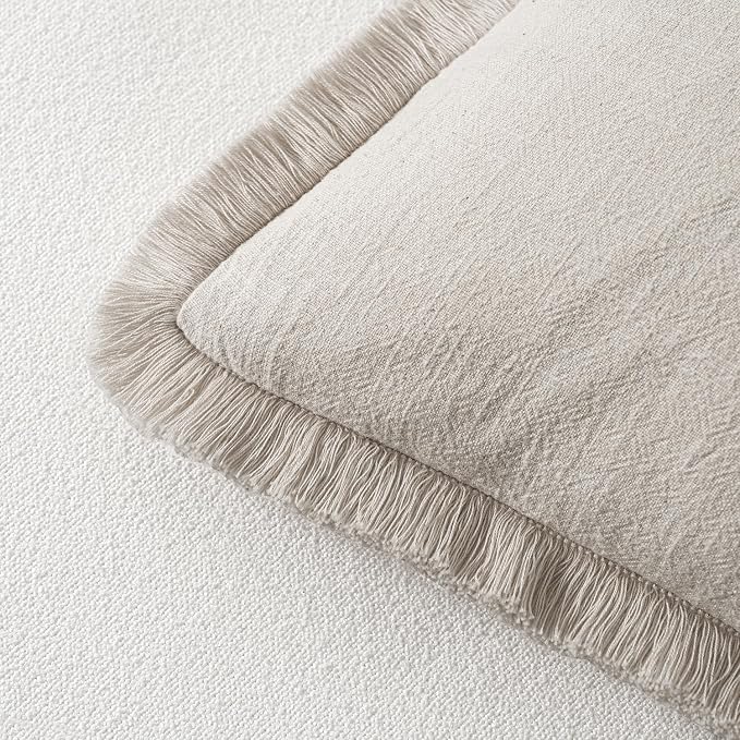 MIULEE Linen Fringe Decorative Throw Pillow Covers Natural Beige 20x20 | Set of - Image 3
