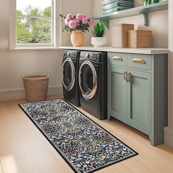 PLHXFR 2x5 Washable Runner Rug：Floral Indoor Kitchen Carpet Dark Black | - Image 4