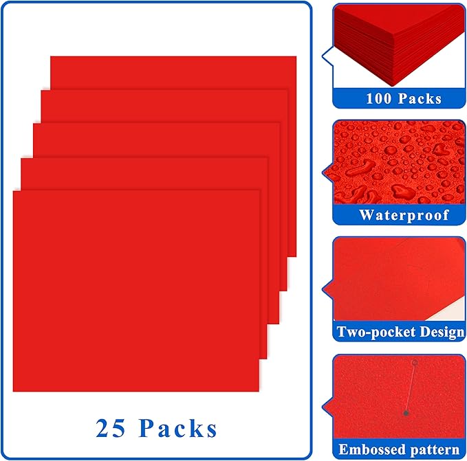 Zzrywuty File Folders with Pockets Letter Size, 25-Pack Paper Folders with Card Slot, Two Pocket Folders for School Students, Businessmen, Home and Office Workers（Red）
