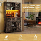 72" Coffee Bar Cabinet with Sliding Barn Door & LED Lights, Sideboard Buffet Cabinet with Wine Bottle Rack, 3 Drawers, Storage Cabinet for Kitchen, Dining Room, Dark Rustic Oak, DBC20B