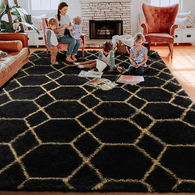 6x9 Area Rugs for Living Room Bedroom, Fluffy Black and Gold Geometric Rug | - Image 7