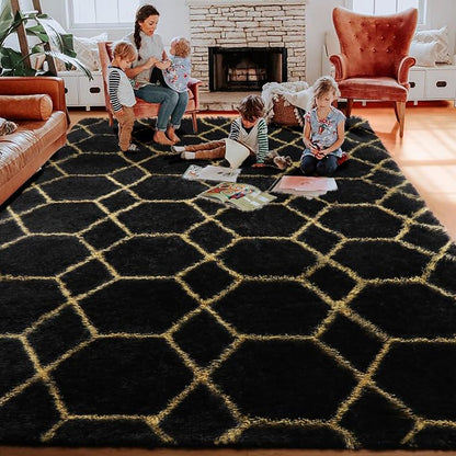 6x9 Area Rugs for Living Room Bedroom, Fluffy Black and Gold Geometric Rug | - Image 7