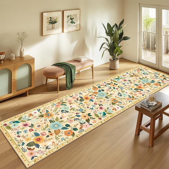 Floral Washable 2x10 Area Rugs Runner Entryway Hallway Ivory/Yellow | Flower - Image 2