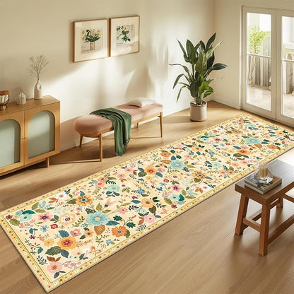 Floral Washable 2x10 Area Rugs Runner Entryway Hallway Ivory/Yellow | Flower - Image 2