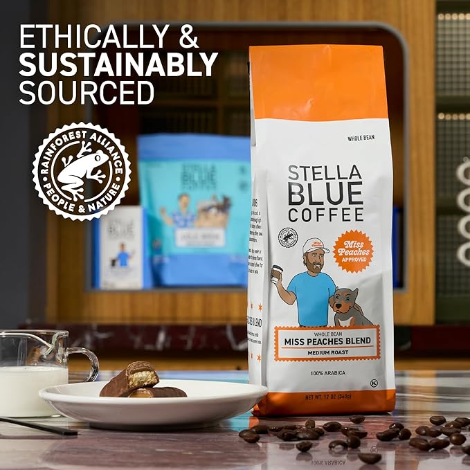 Stella Blue Whole Bean Coffee, Miss Peaches Blend, Medium Roast, Citrus, Caramel and Fruity Notes, 100% Arabica, Ethically Sourced from Central and South America, 12 oz bag