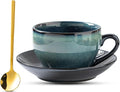 Porcelain Coffee Cup with Saucer Spoon, Vintage Design Ceramic Latte Art Cappuccino Barista Espresso Tea Cup with Saucer (11.6 oz, 350ml, Mist Green)