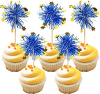 30 PCS Foil Firework Cupcake Toppers Happy Birthday Star Cupcake Picks Sparkle Tinsel Drink Stirrers Cocktail Fruit Toothpicks for Valentine's Day Wedding Birthday Party Decorations Supplies Blue