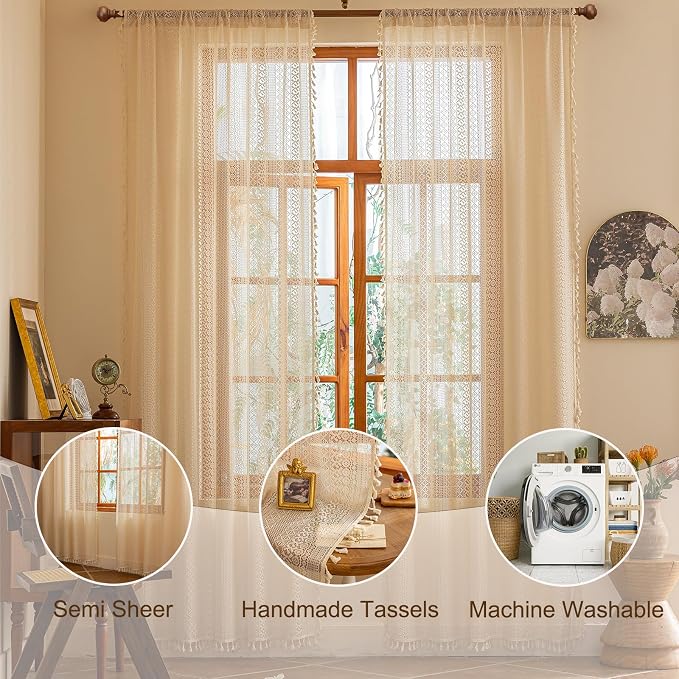 Sutuo Home Beige Boho Lace Curtains 96 inches Long - Image 3