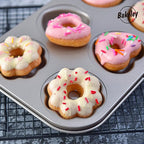 Fancy Donut Pan, 6 Cavity Donut Mold Heavy Duty Steel Non-stick Heart Flower Round Shaped Bund Pans Pattern Doughnut Bakeware for Oven Baking (Champagne Gold)