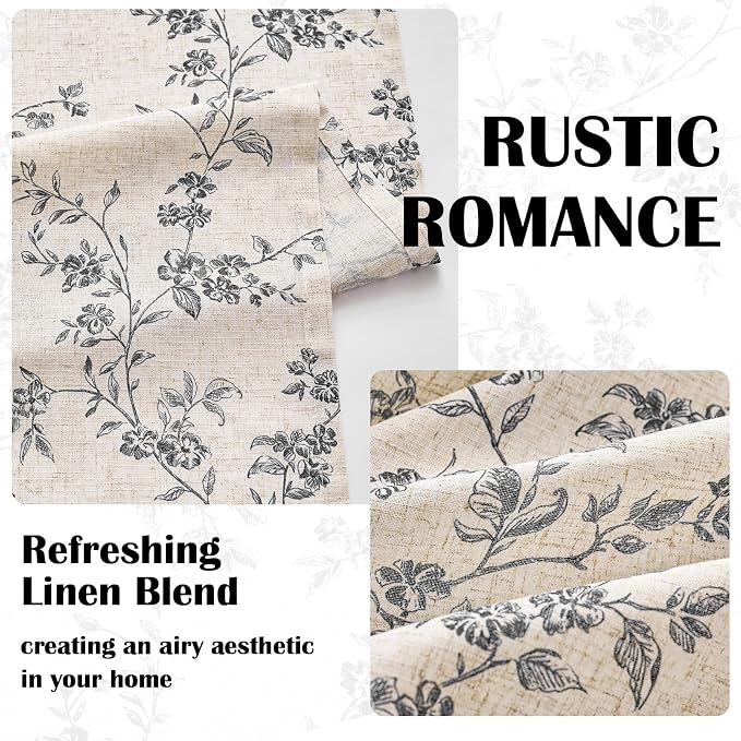 Black Vintage Floral Linen Curtains Farmhouse 38W X 90L 2 Panels | Elisa Series - Image 3