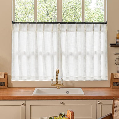 Beige White Linen Kitchen 24 Inch Curtain 2 Panels Pinch Pleat | Off White by Twodrapes