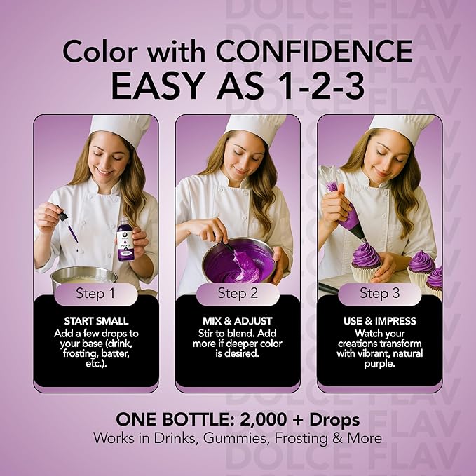 Dolce Flav Natural Purple Food Coloring – 2 oz Liquid Dye from Red Radish & Huito with Graduated Dropper | Water-Soluble | For Baking, Drinks & Frostings | Kosher | Made in USA