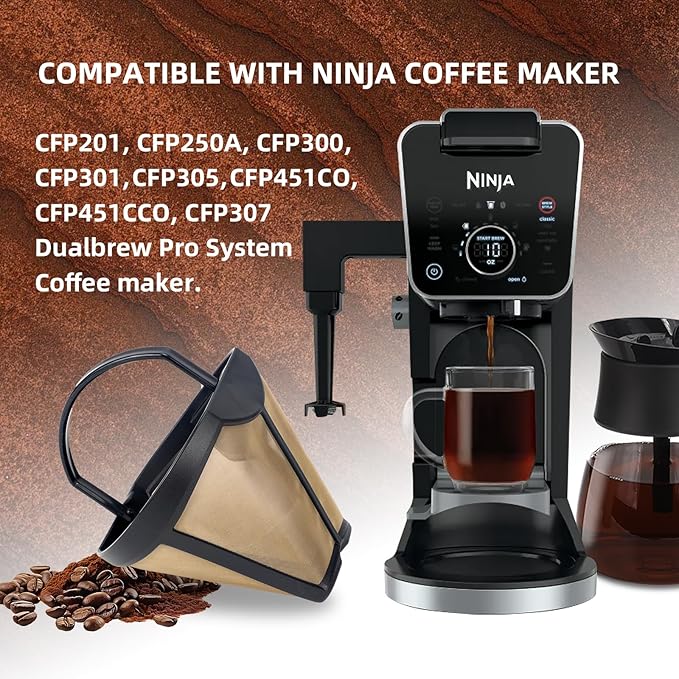 Coffee Permanent Filter for Ninja CFP Dual Brew, Reusable Gold Tone Coffee Filter Basket Compatible with Ninja Coffee Makers CFP300 CFP301 CFP305 CFP307 (2 Packs)
