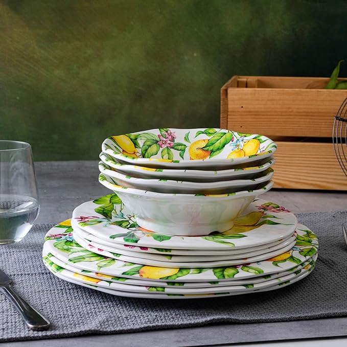 LEHAHA Melamine Dinner Plate Set of 6, 11” inch Lemon Plates Set, BPA Free, Lightweight and Break Resistant, Great for Parties, RVs, Picnic and Camping Trailer, Dishwasher Safe