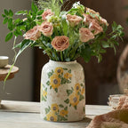 Vintage Ceramic Vase, 7.9 Inch Chinoiserie Sunflower Yellow Floral Vases, Retro Ice Cracked Rustic Antique Flower Vases for Modern Coffee Table Home Decor (Medium Cylinder)
