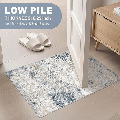 DMOYEST 2x3 Entryway Area Rug Washable Abstract Beige Blue Small Carpet | - Image 4