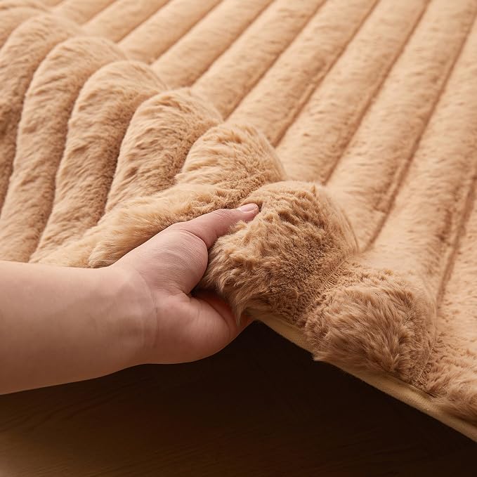 Coffee Rabbit Striped Plush Rug 4'x6', Fluffy Faux Fur Shaggy Area Rug - Image 3