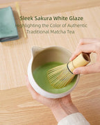 ZENS Matcha Whisk Set, Ceramic Matcha Set Includes 15oz Sakura Bowl, Bamboo Whisk & Chasen Holder, Scoop & Sifter-Tea Towel, 6pcs Matcha Kit for Matcha Lovers, White