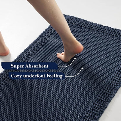 RESARE Waffle Bathroom Runner Rugs, Non Slip Boho Bath Mat 24"x60" Navy | Long - Image 3