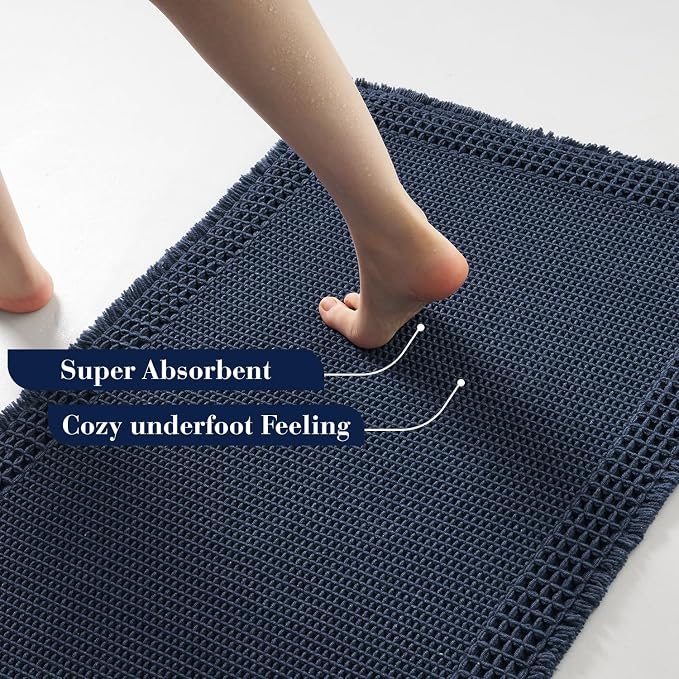 RESARE Waffle Bathroom Runner Rugs, Non Slip Boho Bath Mat 24"x48" Navy | Long - Image 3