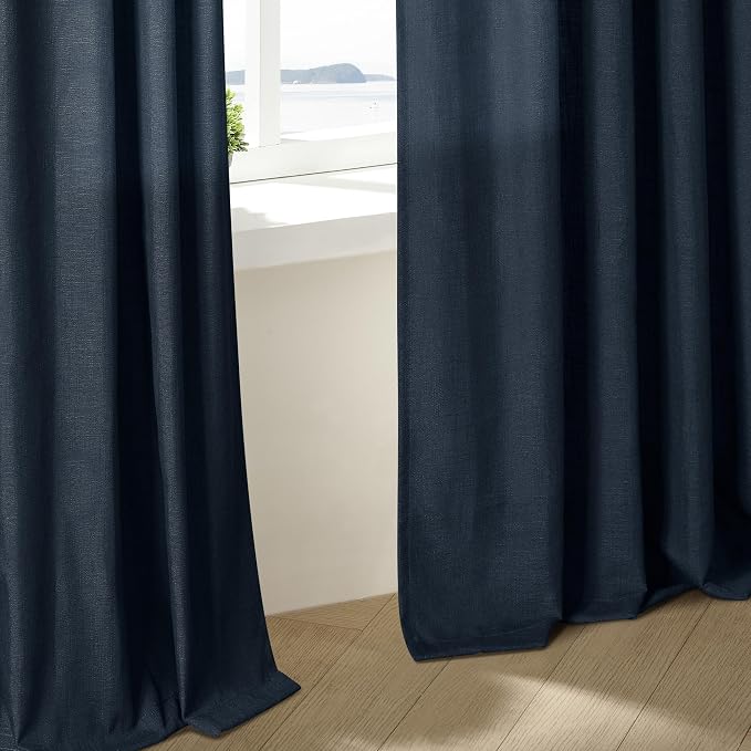 Navy 90 Inch Linen Semi Sheer Curtains Pinch Pleated 2 Panels | Light Filtering - Image 9