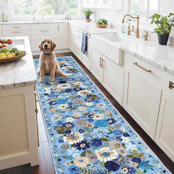 Blue Garden Floral Hallway Runner Rug 2x10 by WelcometoBabovid