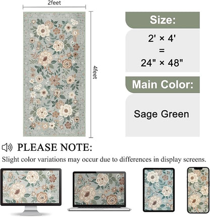 DUKINO 2x4 Entryway Rug, Floral Washable Kitchen Rugs Non Slip, Sage Green | - Image 2