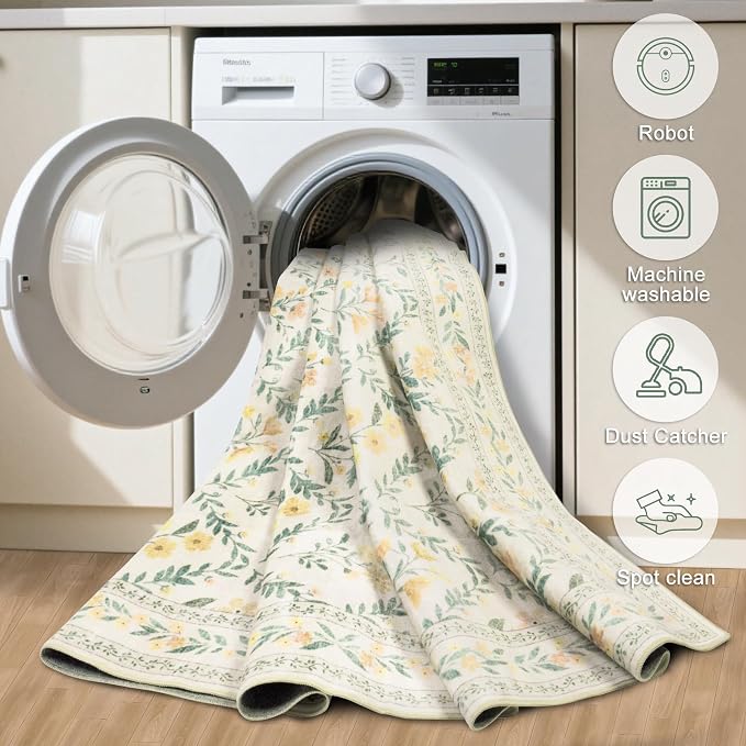 PLHXFR 2x5 Washable Runner Rug：Floral Indoor Kitchen Carpet Beige Multi | - Image 9