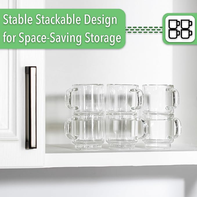 BTaT - Stackable Espresso & Demitasse Glass Coffee Cups, Set of 6 (2.0 oz, 60 ml), Double Wall, Clear