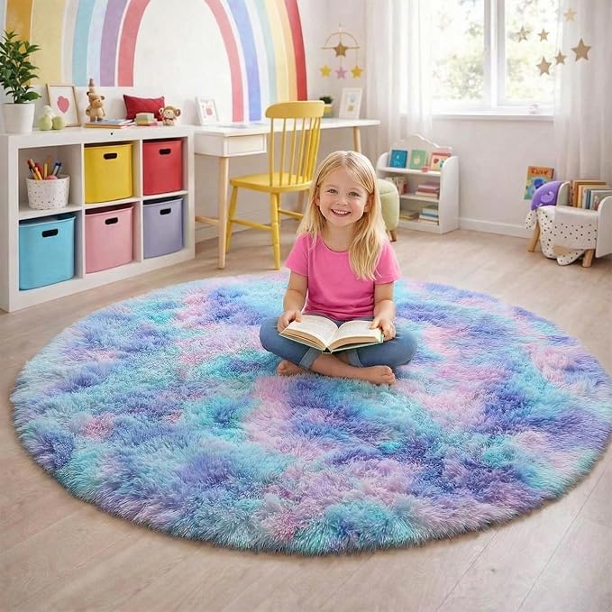Amdrebio Purple Rainbow Mermaid Shag Round Rug 4Ft - Image 4