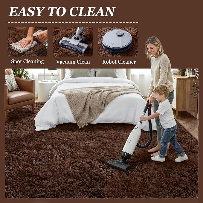 Area Rug Living Room Bedroom: 4x6 Fluffy Plush Shag Carpet Brown | - Image 8